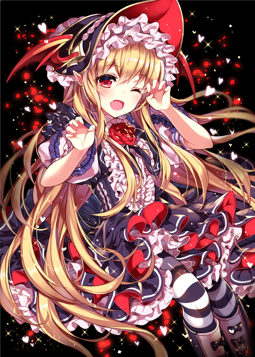 ;d bad_id bad_pixiv_id black_background blonde_hair blush boots claw_pose dress eyebrows_visible_through_hair fang frilled_sleeves frills granblue_fantasy hair_between_eyes head_tilt headpiece heart highres homaderi lolita_fashion long_hair looking_at_viewer one_eye_closed open_mouth pantyhose pointy_ears puffy_short_sleeves puffy_sleeves red_eyes short_sleeves sitting smile solo sparkle striped striped_legwear vampy very_long_hair