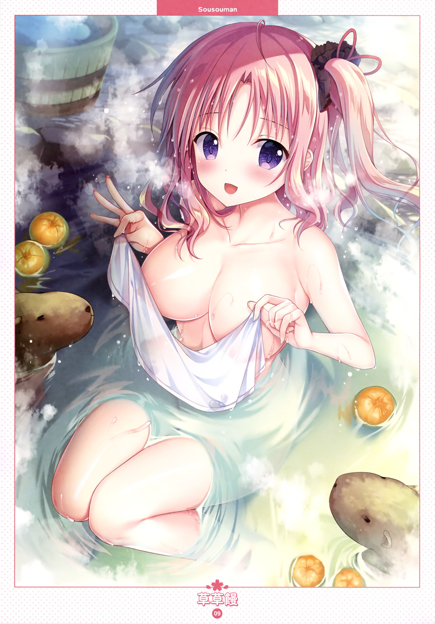 absurdres ahoge animal artist_name bangs bathing black_scrunchie blush breasts bucket cleavage collarbone convenient_censoring dengeki_moeou food from_above fruit hair_ornament hair_scrunchie highres holding holding_towel knees_together_feet_apart large_breasts long_hair looking_at_viewer looking_up nude onsen page_number parted_bangs partially_submerged pink_hair purple_eyes ripples scan scrunchie shiny shiny_skin side_ponytail sitting solo sousouman steam tareme towel water wooden_bucket