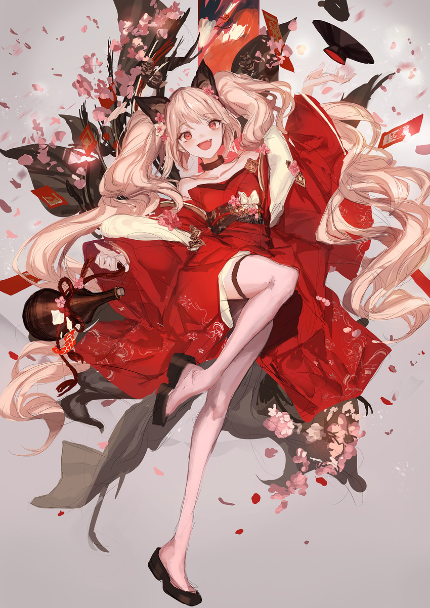:d animal_ears arm_up black_choker black_footwear blonde_hair blush cherry_blossoms choker commentary cup fang floral_print full_body gourd highres japanese_clothes kimono knee_up lm7_(op-center) long_hair long_sleeves looking_at_viewer no_shoes obi open_mouth original platform_footwear red_eyes red_kimono sakazuki sash smile solo standing standing_on_one_leg twintails very_long_hair wide_sleeves