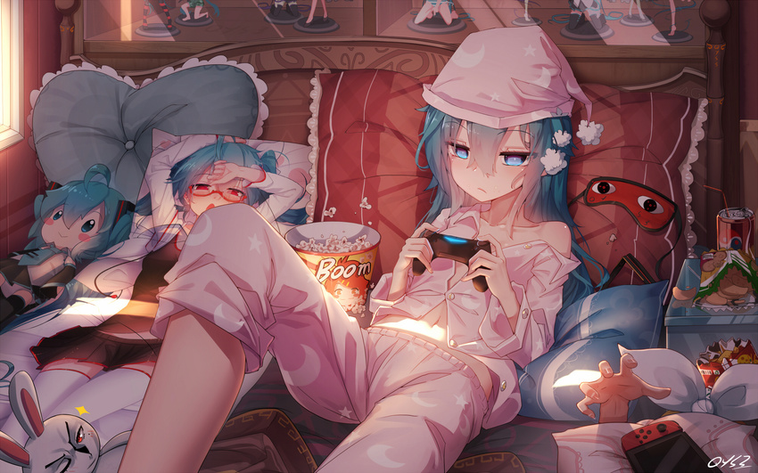 :/ aqua_hair bai_yemeng blue_eyes bunny can character_doll chips closed_mouth controller dakimakura_(object) drinking_straw figure fingernails food frown game_console game_controller hair_down half-closed_eyes hat hatsune_miku highres jitome kagamine_rin knee_up long_hair navel nintendo_switch off_shoulder one_eye_closed pajamas pillow playstation_4 popcorn potato_chips reclining sharingan sleep_mask soda_can solo_focus vocaloid