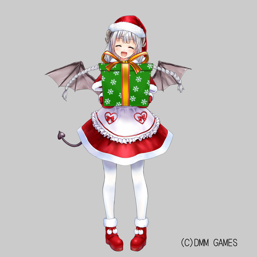 :d ^_^ absurdres apron bangs black_wings blush boots box braid capelet center_frills character_request closed_eyes collared_shirt demon_girl demon_horns demon_tail demon_wings eyebrows_visible_through_hair facing_viewer frilled_apron frills full_body fur-trimmed_boots fur-trimmed_capelet fur-trimmed_mittens fur_trim gift gift_box grey_background hat highres holding holding_gift horns long_hair low_twintails mittens official_art okiru open_mouth pantyhose pocket pom_pom_(clothes) rebless red_capelet red_footwear red_mittens red_skirt santa_boots santa_costume santa_hat shirt silver_hair simple_background skirt smile solo standing tail twin_braids twintails very_long_hair waist_apron white_apron white_legwear white_shirt wings