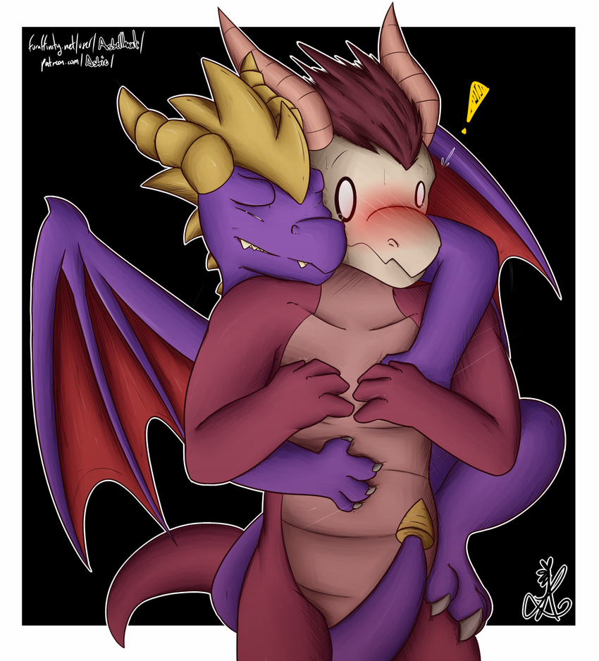 ! 2017 asbel_lhant blush claws dragon eyes_closed grin hair happy horn hug invalid_tag male oki simple_background smile spyro spyro_the_dragon surprise teeth video_games wings