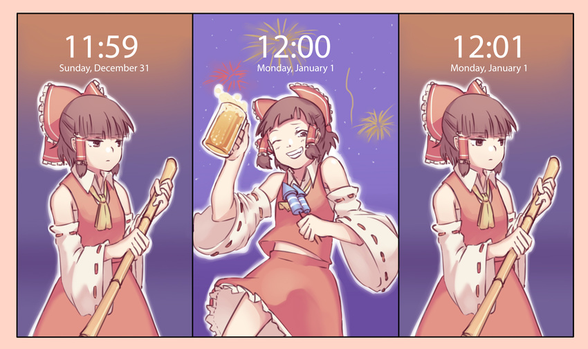 alcohol bamboo_broom bangs beer beer_mug blunt_bangs broom brown_eyes brown_hair clock cup detached_sleeves english expressionless fake_screenshot fireworks grin hair_ribbon hair_tubes hakurei_reimu happy highres holding holding_cup neckerchief new_year nontraditional_miko one_eye_closed ribbon short_hair skirt smile solo touhou wide_sleeves yoruny