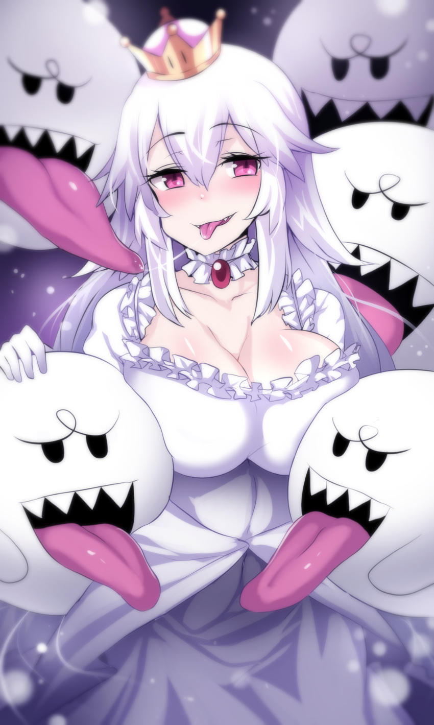 1girl :p absurdres bangs blush boo breasts brooch cleavage collar collarbone crown dress earrings elbow_gloves eyebrows_visible_through_hair frilled_collar frilled_dress frilled_gloves frilled_sleeves frills gem ghost gloves hair_between_eyes highres hinghoi jewelry large_breasts long_hair long_tongue looking_at_viewer luigi's_mansion luigi's_mansion mario_(series) mini_crown new_super_mario_bros._u_deluxe nintendo nose_blush open_mouth paid_reward pale_skin patreon_reward pointy_ears princess_king_boo puffy_short_sleeves puffy_sleeves purple_eyes red_eyes sharp_teeth shiny shiny_skin short_sleeves sidelocks silver_hair slit_pupils smile solo super_crown teeth tilted_headwear tongue tongue_out very_long_hair white_dress white_gloves white_hair
