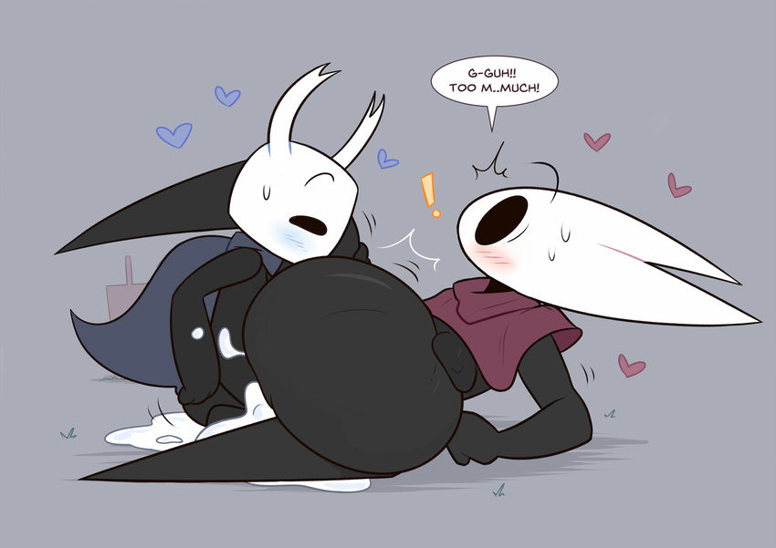 ! &lt;3 anthro anthro_on_anthro arthropod black_eyes black_skin blush bottomless breasts cape clothed clothing cum cum_in_pussy cum_inflation cum_inside dialogue english_text female hollow_knight hollow_knight_(species) hornet_(hollow_knight) humanoid inflation insect kilinah lying male male/female melee_weapon mostly_nude penetration protagonist_(hollow_knight) sex simple_background size_difference small_dom_big_sub smaller_male text vaginal vaginal_penetration video_games weapon