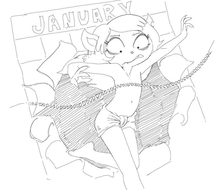 akunim anthro barefoot black_and_white calendar cartoon_hangover cat claire_(the_summoning) claws clothed clothing convenient_censorship diaper english_text eyelashes fangs feline frown hair holidays mammal monochrome new_year notched_ear solo text the_summoning topless