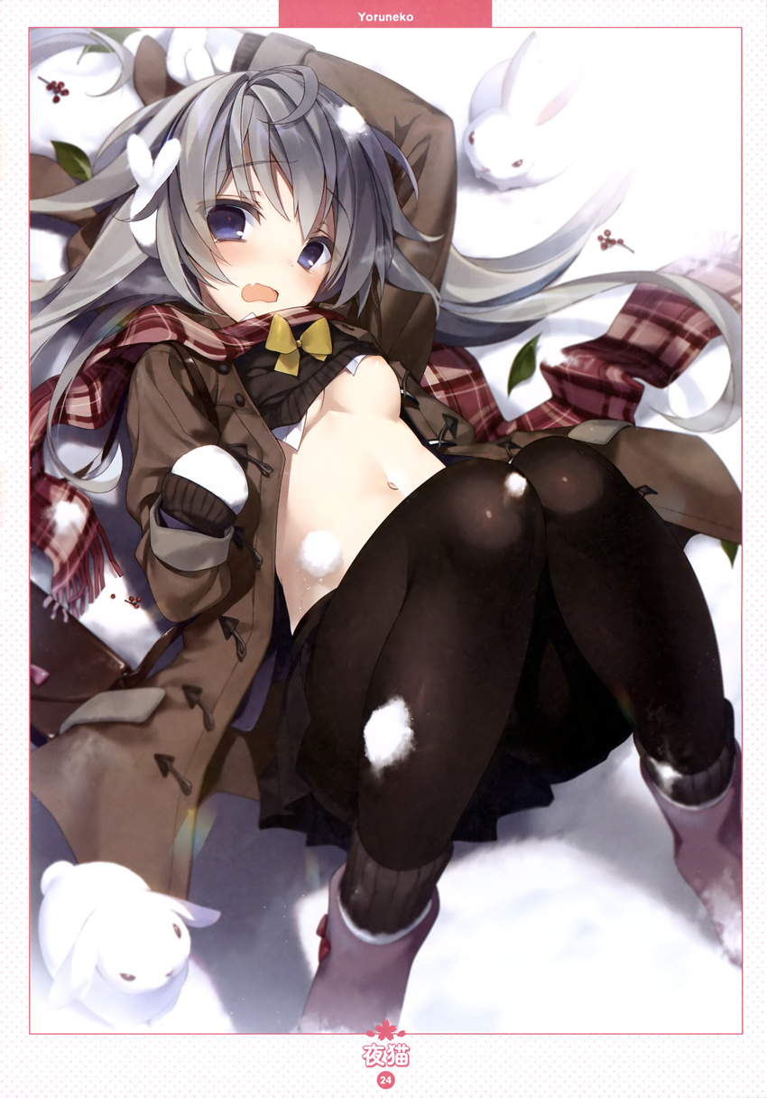 absurdres ahoge animal ankle_boots areola_slip areolae arm_up artist_name black_legwear black_skirt black_sweater blue_eyes blurry blush boots breasts clothes_lift coat dengeki_moeou depth_of_field duffel_coat fang fringe_trim head_tilt highres knees_together_feet_apart knees_up long_sleeves looking_at_viewer lying medium_breasts melting miniskirt mittens navel on_back on_ground open_clothes open_coat open_mouth page_number pantyhose pink_footwear plaid plaid_scarf red_scarf scan scarf silver_hair skirt snow snow_bunny solo stomach sweater sweater_lift tareme underboob wavy_mouth white_fur white_mittens yoruneko