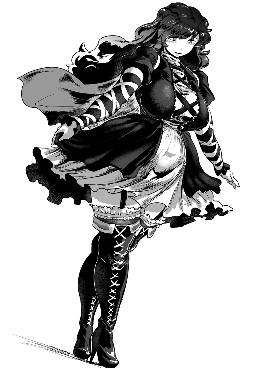 absurdres belly blush boots breasts covered_navel covered_nipples enajii frills garter_straps gradient_hair greyscale high_heel_boots high_heels highres hijiri_byakuren large_breasts long_hair looking_at_viewer monochrome multicolored_hair plump solo thighhighs touhou white_background