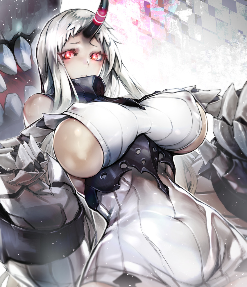 bare_shoulders breasts claws collar commentary_request covered_navel covered_nipples detached_sleeves dress from_below hand_under_clothes highres horn huge_breasts kantai_collection long_hair looking_at_viewer monster monster_girl nishiide_kengorou oni red_eyes seaport_hime shinkaisei-kan sideboob solo very_long_hair white_dress white_hair wide_hips wide_sleeves