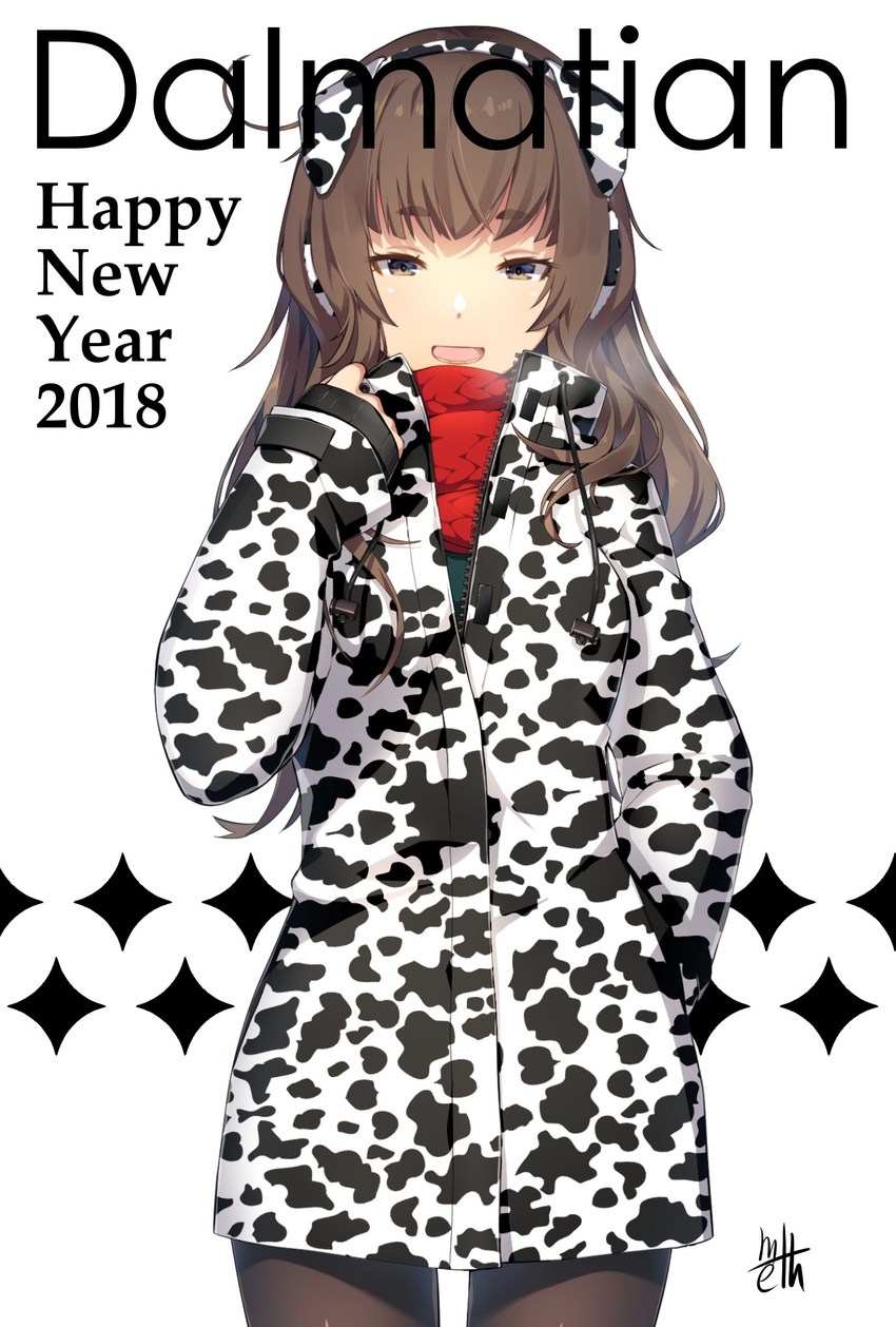 2018 :d bangs black_legwear blush breath brown_eyes brown_hair coat cowboy_shot dalmatian_print drawstring earmuffs eyebrows_visible_through_hair happy_new_year highres legs_apart long_hair long_sleeves looking_at_viewer meth_(emethmeth) new_year open_mouth original pantyhose partially_unzipped red_scarf scarf signature simple_background sleeves_past_wrists smile solo sparkle standing thick_eyebrows tsurime white_background winter_clothes winter_coat