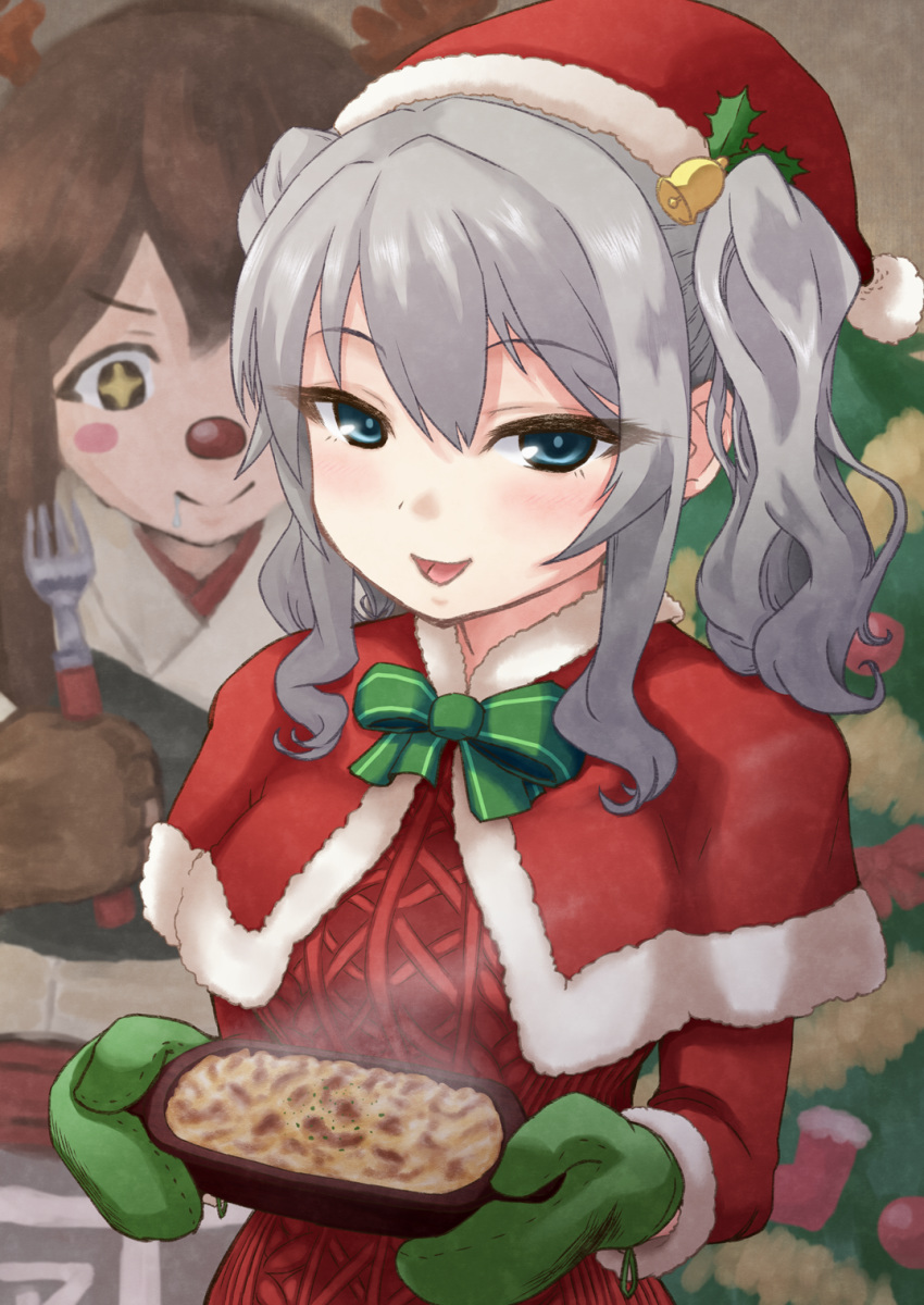 2girls akagi_(kantai_collection) alternate_costume antlers bangs bell blue_eyes blush bow bowtie brown_eyes brown_gloves brown_hair christmas christmas_ornaments christmas_stocking christmas_sweater christmas_tree commentary food fork gloves green_gloves green_neckwear hair_ornament hat highres horyuu japanese_clothes kantai_collection kashima_(kantai_collection) long_hair looking_at_viewer looking_down multiple_girls muneate nontraditional_miko open_mouth oven_mitts poncho red_nose red_sweater saliva santa_costume santa_hat sidelocks silver_hair smile star star-shaped_pupils steam sweater symbol-shaped_pupils tray tsurime twintails upper_body wavy_hair