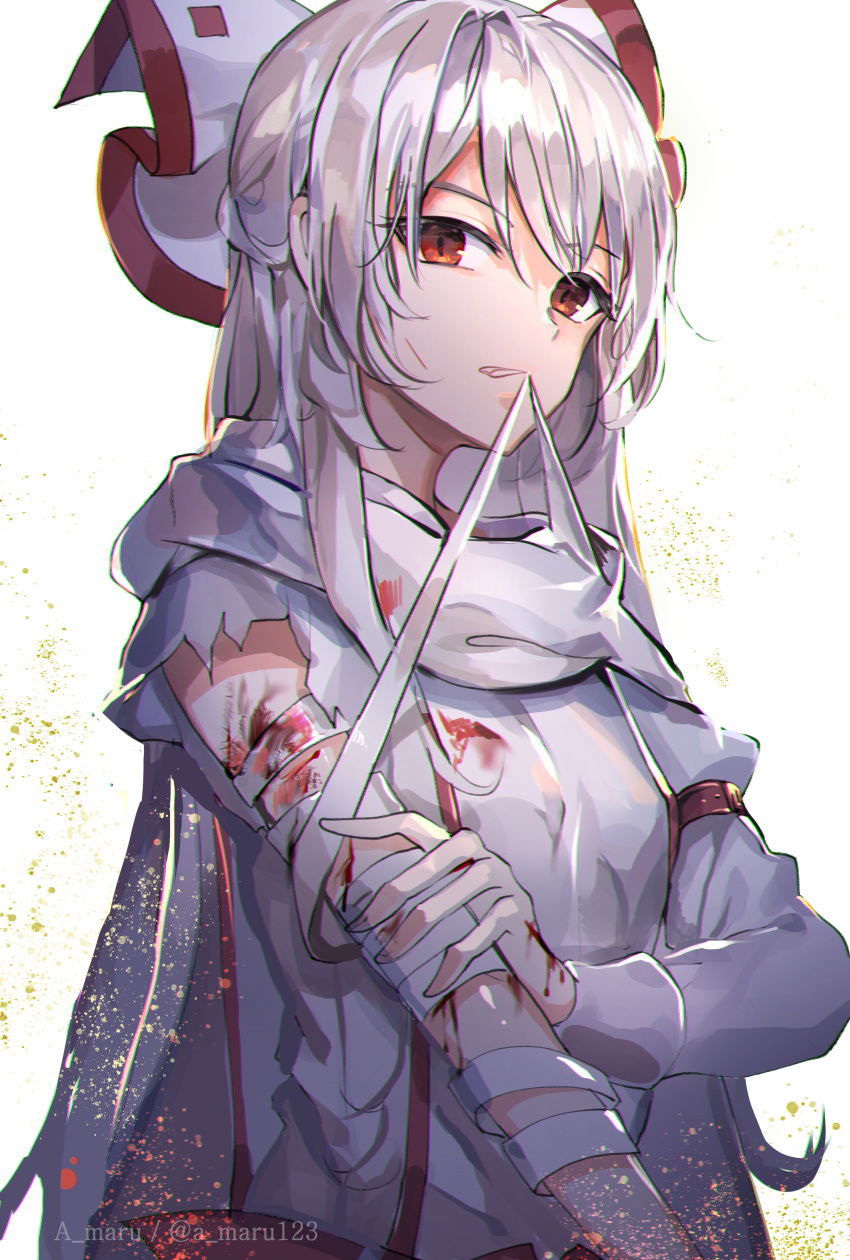 1girl absurdres arm_belt artist_name bandage bandaged_arm bandages bangs blood bloody_hands bow fujiwara_no_mokou hair_bow highres juliet_sleeves long_hair long_sleeves looking_at_viewer mouth_hold pants puffy_sleeves red_eyes red_pants scarf shirt silver_hair simple_background solo suspenders torn_clothes torn_shirt touhou twitter_username unity_(ekvmsp02) upper_body very_long_hair white_background white_bow white_scarf white_shirt