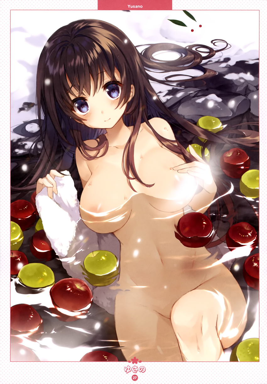 absurdres apple areolae artist_name bangs banned_artist bathing blue_eyes blush breast_press brown_hair closed_mouth collarbone convenient_censoring convenient_leg dengeki_moeou eyebrows_visible_through_hair food from_above fruit hand_on_own_chest highres knee_up long_hair lying navel nude on_back onsen page_number partially_submerged rock scan smile solo steam steam_censor stomach tareme towel water water_drop yusano