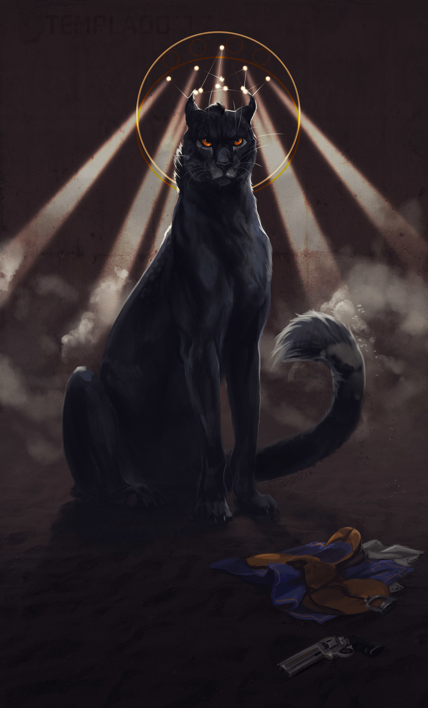 ambiguous_gender annoyed black_fur claws detailed_background discarded_clothing dust feline feral fur gun inside looking_at_viewer mammal panther ranged_weapon sand scar shedu sitting solo stone sunbeam templado weapon yellow_eyes