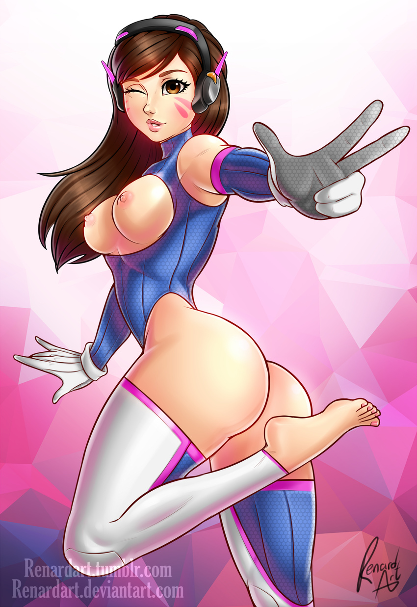 adapted_costume areolae artist_name ass breast_cutout breasts breasts_out brown_hair d.va_(overwatch) elbow_gloves feet from_behind headphones long_hair nipples no_shoes one_eye_closed overwatch parted_lips renardart thighhighs toes v web_address whisker_markings wink