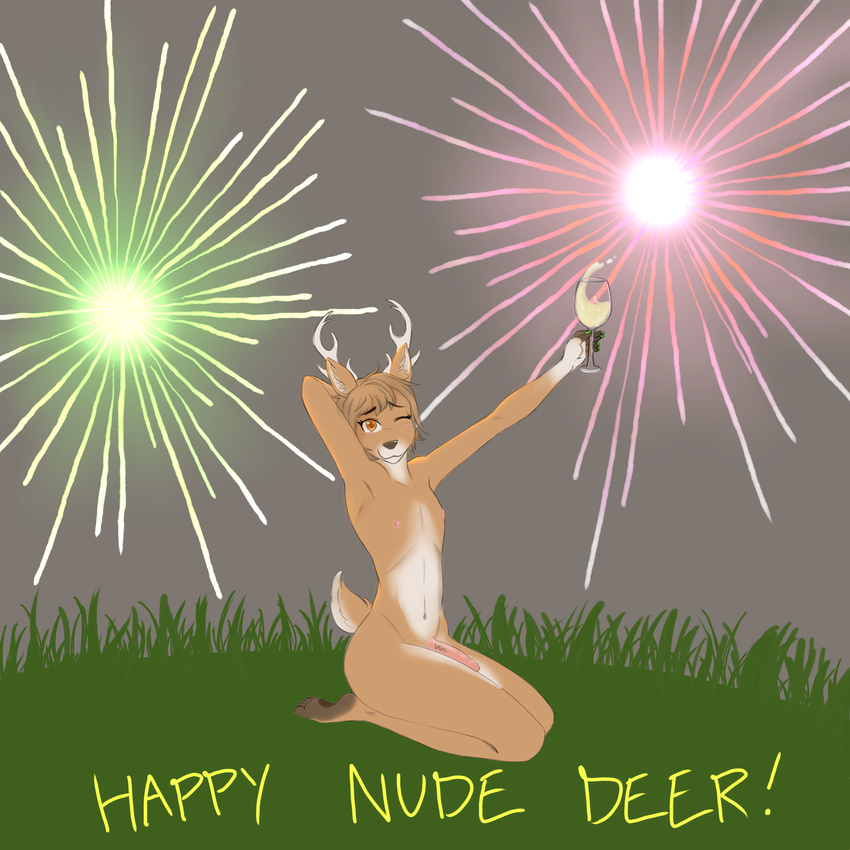 alcohol antlers beverage blush brown_eyes butt cervine deer fireworks foxtrap girly holding_(disambiguation) holidays horn humor looking_at_viewer male mammal new_year nipples one_eye_closed outside penis pun sitting wink