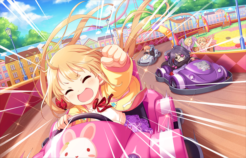 amusement_park annindoufu_(oicon) bangs bench blonde_hair blue_sky blush brown_eyes cat clenched_hand clenched_teeth closed_eyes cloud day driving eyepatch floral_print futaba_anzu go_kart hair_ornament hair_over_one_eye happy hayasaka_mirei hood hoodie idolmaster idolmaster_cinderella_girls idolmaster_cinderella_girls_starlight_stage jougasaki_rika long_hair long_sleeves looking_at_another multicolored_hair multiple_girls ninomiya_asuka official_art open_mouth orange_hair purple_hair ribbon shirasaka_koume short_hair skirt sky smile sweatshirt teeth tree two-tone_hair two_side_up