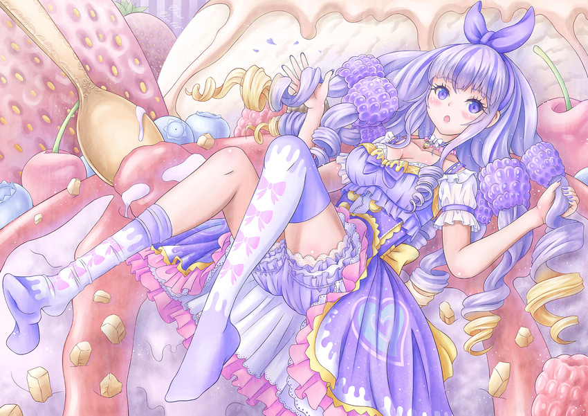 :o artist_name bin_murasaki blackberry_(fruit) bloomers blueberry blush bow breasts candy cleavage dress drill_hair food frilled_dress frilled_underwear frills fruit full_body hair_bow highres ice_cream lolita_fashion looking_at_viewer lying medium_breasts nail_polish on_back original purple_bow purple_dress purple_eyes purple_hair purple_nails raspberry solo spoon strawberry sweets thighhighs underwear white_legwear