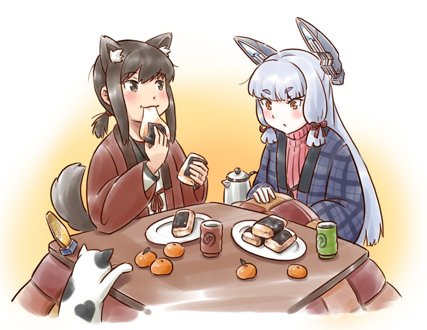 animal_ears black_eyes black_hair black_sailor_collar cat cup dog_ears dog_tail eating food fruit fubuki_(kantai_collection) hair_ribbon hanten_(clothes) headgear holding holding_food kantai_collection karasu_(naoshow357) kotatsu long_hair low_ponytail mandarin_orange mochi multiple_girls murakumo_(kantai_collection) orange_eyes ponytail reaching red_sweater remodel_(kantai_collection) ribbed_sweater ribbon sailor_collar short_ponytail sidelocks silver_hair sweater table tail tress_ribbon wagashi yunomi