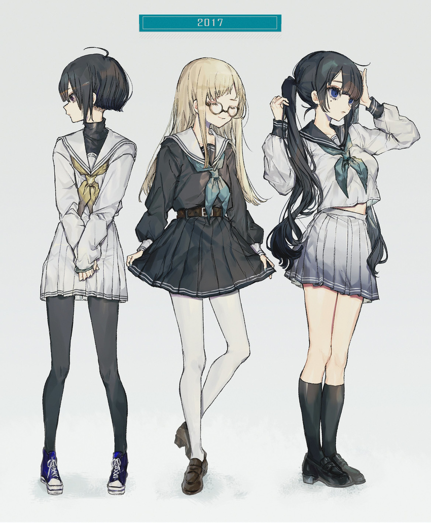 3girls absurdres adjusting_hair ahoge aqua_nails aqua_neckwear arms_up bangs belt black_blouse black_footwear black_hair black_legwear black_sailor_collar black_serafuku black_shirt black_skirt blonde_hair blouse blue_footwear breasts brown_belt brown_footwear buckle closed_eyes closed_mouth commentary crossed_legs curtsey expressionless fingernails full_body glasses gradient_skirt grey_background grey_skirt hands_in_hair hands_together happy highres kneehighs legs_apart legs_together loafers long_hair long_sleeves looking_away medium_breasts midriff mole mole_under_eye multiple_girls nail_polish neckerchief open_eyes original pantyhose piru_(exp_66) pleated_skirt profile purple_eyes sailor_collar school_uniform serafuku shirt shoes short_hair simple_background skirt sleeves_past_wrists smile sneakers standing standing_on_one_leg turtleneck twintails undershirt v_arms very_long_hair white_blouse white_legwear white_sailor_collar white_serafuku white_skirt yellow_neckwear