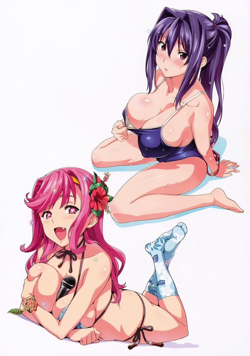 absurdres bangs bare_shoulders between_breasts blue_hair blush breasts butt_crack celia_ootsuka cleavage collarbone competition_school_swimsuit fang flower full_body hair_flower hair_ornament hairband heart heart-shaped_pupils hibiscus highres jewelry kneehighs large_breasts long_hair looking_at_viewer lying maken-ki! microphone multiple_girls nijou_aki official_art on_stomach one-piece_swimsuit open_mouth parted_lips pink_eyes pink_hair ponytail pulled_by_self purple_eyes scan simple_background sitting smile swimsuit swimsuit_pull symbol-shaped_pupils takeda_hiromitsu white_background