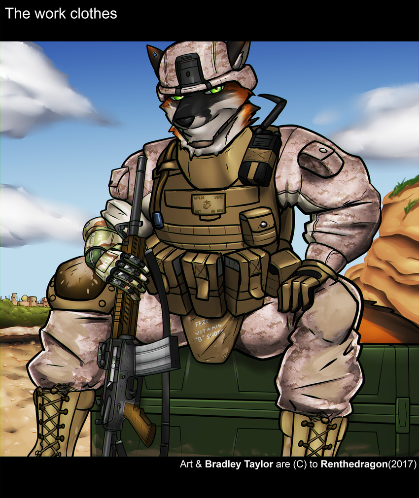 2017 anthro armor boots bradley_taylor_(renthedragon) bulletproof_vest canine clothed clothing cybernetic_arm english_text footwear fox gloves green_eyes gun helmet looking_at_viewer mammal marine_corps military outside ranged_weapon renthedragon rifle rifle_sling sitting soldier text usmc walkie_talkie weapon