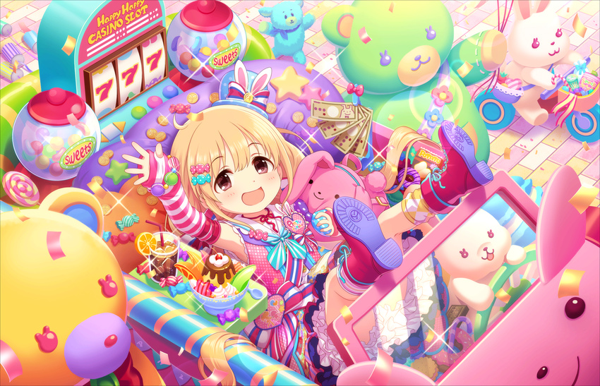 annindoufu_(oicon) bangs blonde_hair blush boots bow brown_eyes candy car character_name confetti convertible creme_caramel detached_sleeves dress drink drinking_straw fingerless_gloves flat_chest food frills fruit futaba_anzu gloves ground_vehicle ice ice_cube idolmaster idolmaster_cinderella_girls idolmaster_cinderella_girls_starlight_stage long_hair low_twintails macaron money motor_vehicle official_art open_mouth petticoat plate pudding smile socks solo spoon striped stuffed_animal stuffed_bunny stuffed_toy sweets twintails