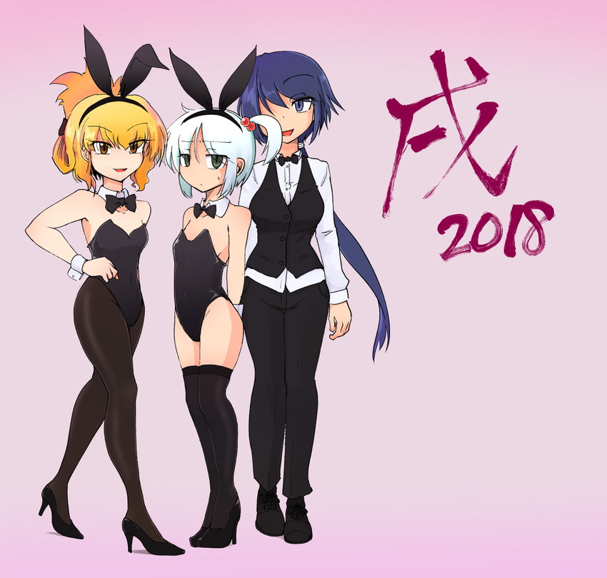 2018 3girls amasaki_nana amasaki_ryouko blonde_hair blue_hair bowtie bunnysuit cracklecradle detached_collar fake_animal_ears female folded_ponytail high_heels long_hair multiple_girls official_art one_side_up pantyhose ponytail sakifox shinonome_yuuki strapless_leotard thighhighs white_hair