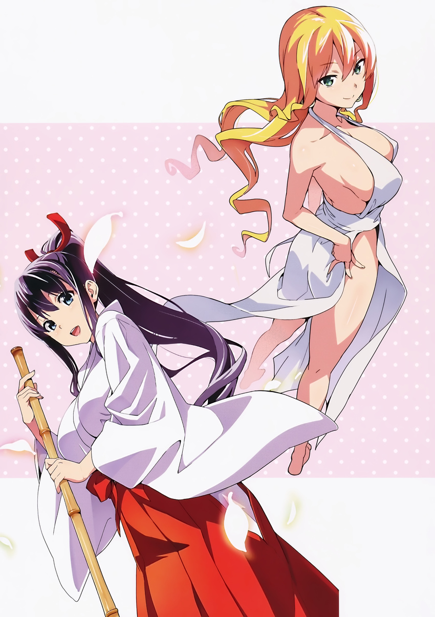 absurdres amaya_haruko bangs bare_legs bare_shoulders barefoot blonde_hair blue_eyes breasts breasts_apart broom collarbone dress eyebrows_visible_through_hair green_eyes hakama hand_on_hip highres himegami_kodama holding holding_broom japanese_clothes large_breasts looking_at_viewer maken-ki! miko multiple_girls no_bra no_panties official_art open_mouth petals purple_hair red_hakama revealing_clothes scan sideboob simple_background smile takeda_hiromitsu white_dress wide_sleeves