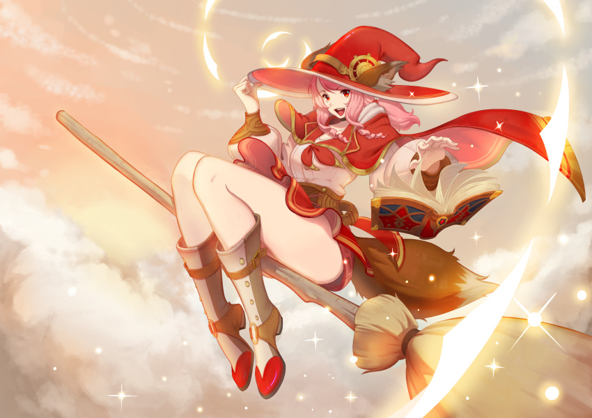 1girl :d animal_ears belt book boots broom broom_riding cape cloud clouds corset dress drill_hair ears_through_headwear eyebrows_visible_through_hair flying handesu hat highres long_hair long_sleeves looking_at_viewer magic open_book open_mouth original pink_hair puffy_long_sleeves puffy_sleeves red_cape red_eyes red_skirt shirt side_drill sidesaddle skirt skirt_lift sky smile solo sunset tail thighs white_shirt wind wind_lift witch witch_hat wolf_ears wolf_tail wolfgirl