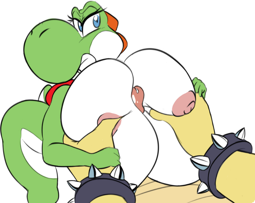 2017 annoyed anthro big_breasts blue_eyes bowser breast_grab breast_squeeze breast_squish breasts female hand_on_breast huge_breasts male mario_bros nintendo nipples nude penis precum seii3 sex spikes titfuck tongue video_games yoshi