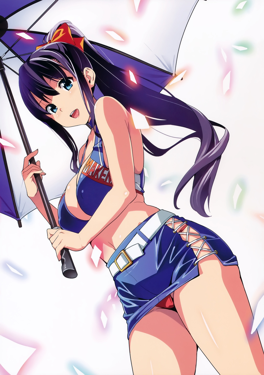 :d absurdres amaya_haruko bangs black_hair blue_eyes bow breasts dutch_angle hair_bow highres holding large_breasts long_hair looking_at_viewer maken-ki! midriff miniskirt official_art open_mouth panties ponytail race_queen red_panties scan simple_background skirt sleeveless smile solo takeda_hiromitsu umbrella underwear upskirt
