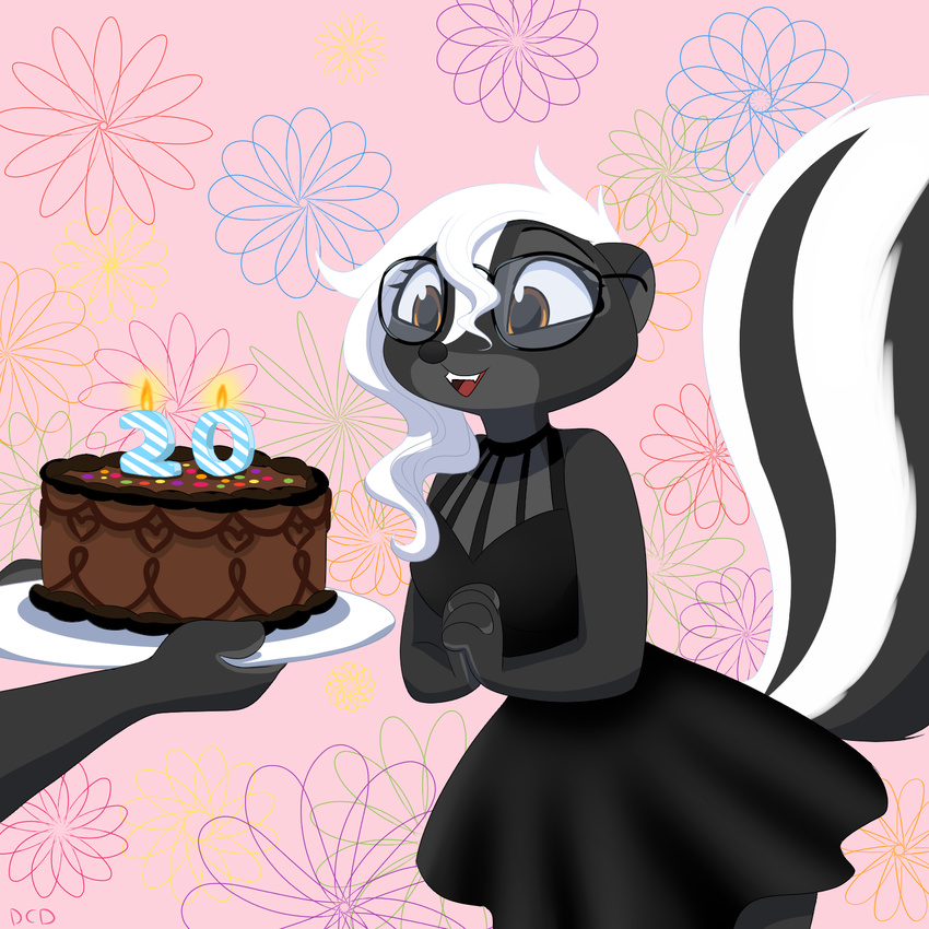 2017 anthro brown_eyes cake candle clasped_hands clothed clothing cute_fangs diana_rayablanca disney dress duo eyewear fan_character female food glasses holding_object mammal open_mouth open_smile pattern_background plate signature simple_background skeletonguys-and-ragdolls skunk smile solo_focus zootopia