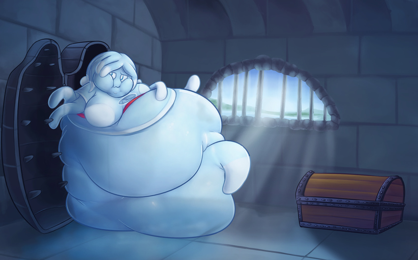 belly big_belly big_breasts blue_clothing blue_dress blue_eyes blue_skin breasts clothed clothing cute detailed_background dress dungeon female ghost hair huge_breasts invalid_tag morbidly_obese not_furry obese overweight quasi quasi-ghost samael smile solo spirit tentacles