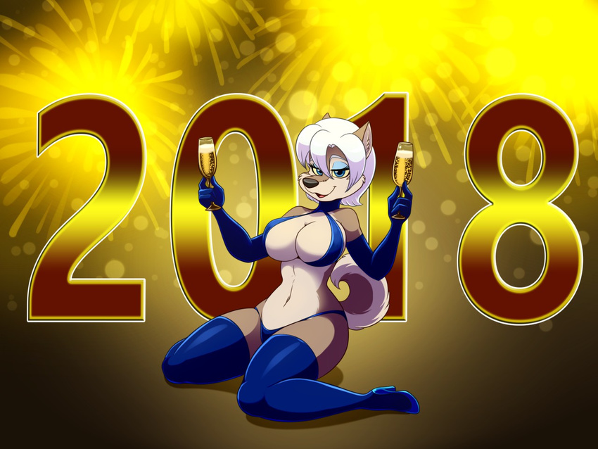 2018 alcohol anthro beverage blue_eyes breasts canine champagne cleavage clothed clothing female hair half-closed_eyes holidays lonbluewolf luu_(lonbluewolf) mammal new_year open_mouth solo tongue white_hair wolf yellow_sclera