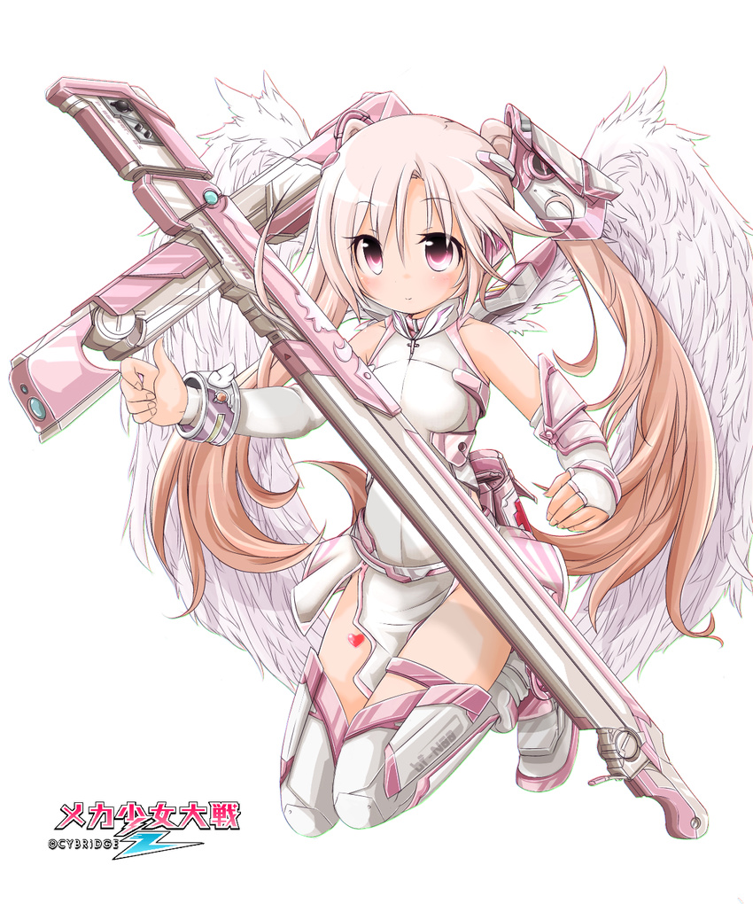 akino_coto blush brown_hair heart highres long_hair mecha_shoujo_taisen_z pink_eyes simple_background solo twintails white_background white_wings wings