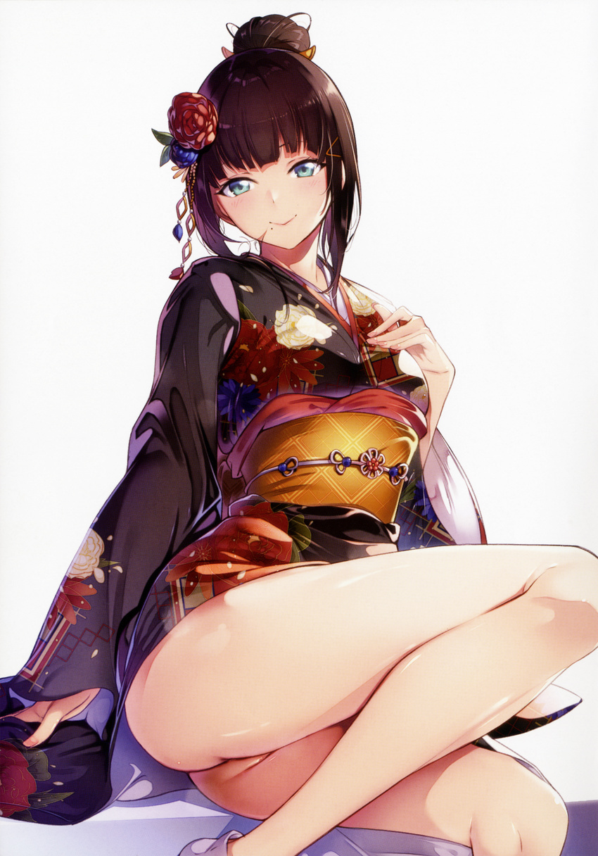 absurdres alternate_hairstyle ass bangs bare_legs black_hair blue_eyes blunt_bangs blush closed_mouth commentary_request convenient_leg floral_print flower hair_bun hair_flower hair_ornament hair_up hand_on_own_chest highres japanese_clothes kimono kurosawa_dia long_legs long_sleeves looking_at_viewer love_live! love_live!_sunshine!! mole mole_under_mouth nail_polish nanao_(mahaya) no_panties non-web_source obi pink_nails sash scan shoes short_ponytail smile solo thighs white_footwear wide_sleeves