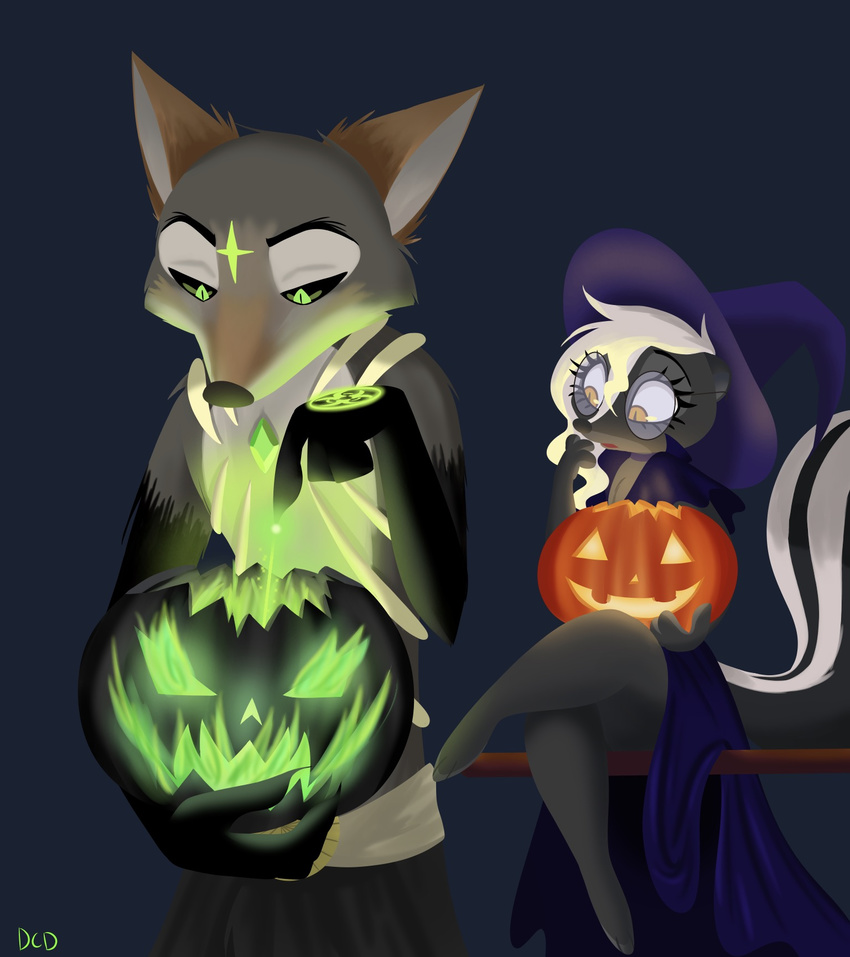 2017 amber_eyes anthro barefoot blue_background broom canine clothed clothing coyote diana_rayablanca disney duo eyeshadow eyewear fan_character female fire food fruit gem glasses hat holding_object jack-o'-lantern magic makeup male mammal pumpkin signature simple_background sitting skeletonguys-and-ragdolls skunk slit_pupils topless wartoxdude_(character) witch_hat zootopia