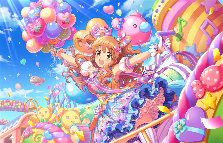 :3 alternate_hairstyle amusement_park annindoufu_(oicon) balloon bangs beamed_eighth_notes blue_sky blush bow breasts brown_eyes candy cloud confetti day detached_sleeves dress eighth_note food frilled_dress frills gloves hair_bow hair_ornament hairclip heart heart_balloon holding idolmaster idolmaster_cinderella_girls idolmaster_cinderella_girls_starlight_stage long_hair looking_at_viewer macaron medium_breasts moroboshi_kirari musical_note necktie official_art orange_hair petticoat polka_dot puffy_short_sleeves puffy_sleeves ribbon short_sleeves sky smile solo star striped striped_neckwear stuffed_animal stuffed_toy teddy_bear thighhighs two_side_up white_gloves