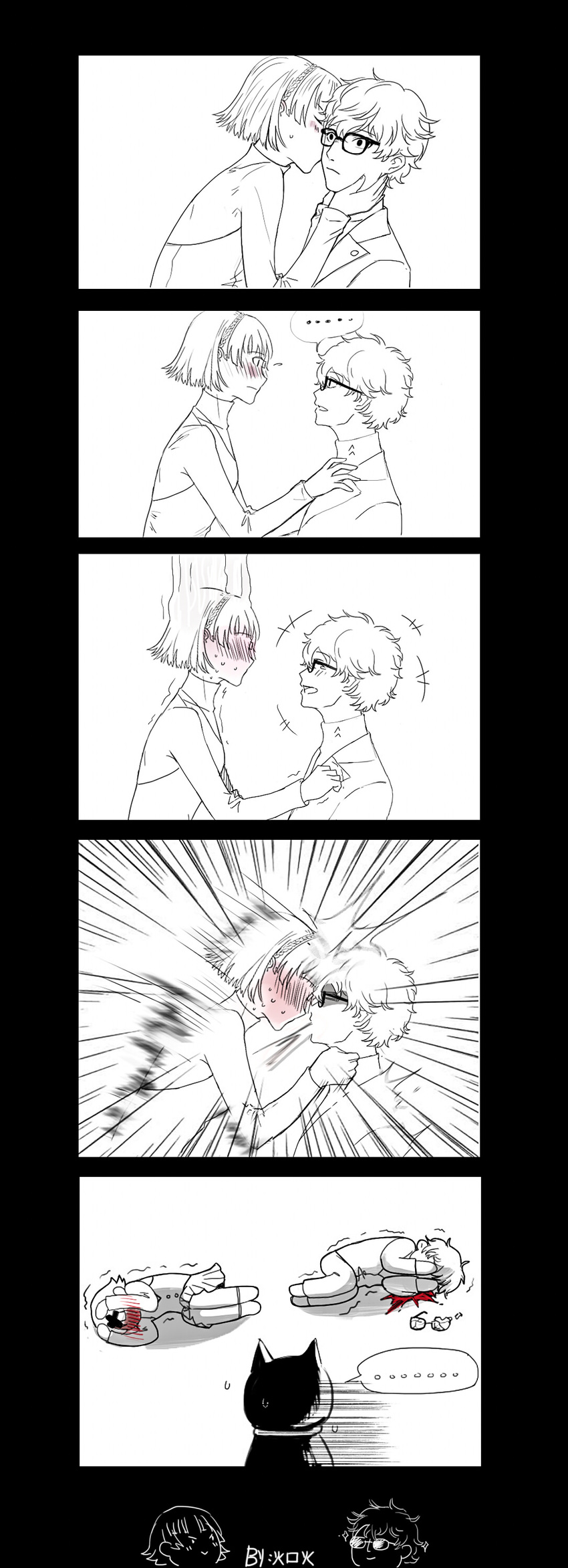... 1boy 1girl 5koma absurdres amamiya_ren blood blush cat cheek_kiss closed_mouth comic couple covering_face emphasis_lines full-face_blush greyscale happy headbutt highres houhou_(pixiv4771938) jacket kiss laughing long_sleeves lying monochrome morgana_(persona_5) niijima_makoto on_side open_mouth persona persona_5 smile spoken_ellipsis spot_color sweat sweating_profusely trembling turtleneck