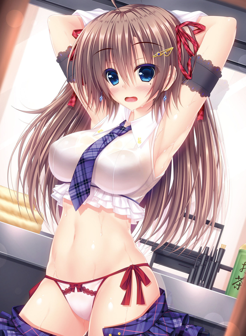 armband armpits arms_behind_back arms_up bangs bare_shoulders blue_eyes blush bow bow_panties breasts brown_hair brush buttons collared_shirt covered_nipples cowboy_shot crop_top curtains day dengeki_moeou desk earrings elbow_gloves eyebrows_visible_through_hair frilled_shirt frills gloves groin hair_between_eyes hair_ornament hair_ribbon hairclip highres hinata_nao indoors jewelry large_breasts long_hair midriff mole mole_under_eye navel necktie non-web_source open_mouth original panties pen plaid plaid_neckwear plaid_ribbon purple_neckwear red_bow ribbon shiny shiny_skin shirt side-tie_panties skirt skirt_pull sleeveless sleeveless_shirt solo standing stomach sweat two_side_up underwear wet wet_clothes wet_shirt white_gloves white_panties white_shirt window wing_collar