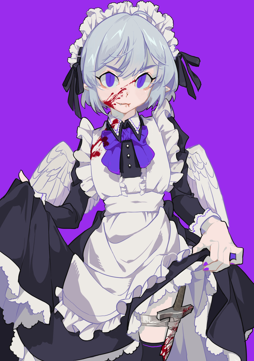 absurdres ahoge apron biting black_legwear blood blood_on_face bloody_clothes bloody_weapon bow broken broken_sword broken_weapon cowboy_shot dress dress_lift fang feathered_wings flat_chest highres holster lip_biting maid maid_apron maid_headdress mini_wings nail_polish pointy_ears purple_background purple_eyes purple_nails rye-beer silver_hair skirt_hold slit_pupils solo sword thigh_holster thighhighs weapon wings