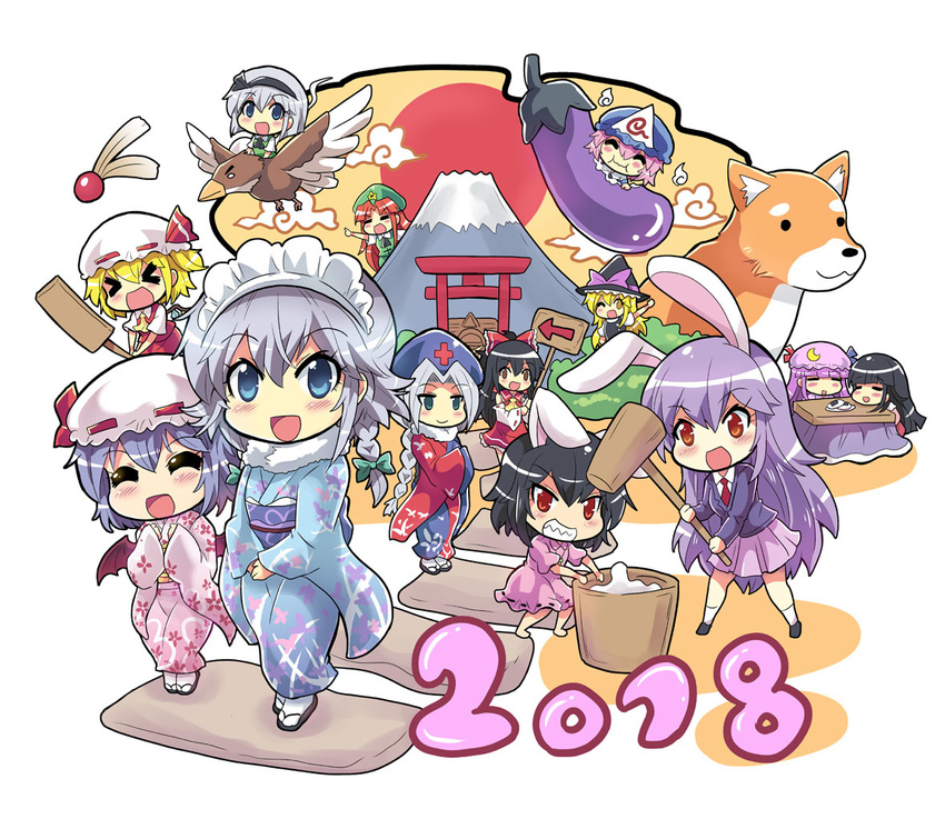 &gt;_&lt; 6+girls animal_ears architecture bangs bat_wings bird black_hair black_hairband blonde_hair blue_eyes blunt_bangs blush_stickers bow braid bucket bunny_ears chibi chinese_zodiac closed_eyes colonel_aki comic commentary crescent crescent_hair_ornament detached_sleeves dog dress east_asian_architecture eating eggplant eyebrows_visible_through_hair flandre_scarlet floral_print flying food fur_trim geta grin hagoita hair_between_eyes hair_bow hair_ornament hairband hakurei_reimu hands_in_opposite_sleeves happy_new_year hat hawk holding holding_sign hong_meiling houraisan_kaguya inaba_tewi izayoi_sakuya japanese_clothes kimono kine kirisame_marisa konpaku_youmu kotatsu lavender_hair long_hair long_sleeves mallet mob_cap mochi mortar mount_fuji multiple_girls new_year nontraditional_miko nurse_cap obi one_eye_closed open_mouth paddle patchouli_knowledge pink_hair red_eyes red_hair reisen_udongein_inaba remilia_scarlet riding saigyouji_yuyuko sash senbei short_hair short_sleeves shrine side_ponytail sign silver_hair skirt smile tabi table torii touhou triangular_headpiece v-shaped_eyebrows vest wagashi wide_sleeves wings witch_hat yagokoro_eirin year_of_the_dog younger