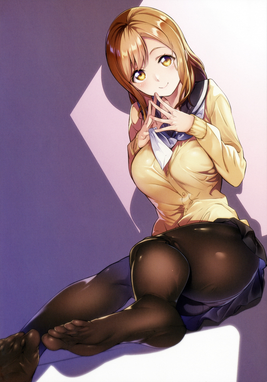 absurdres black_legwear black_skirt blush breasts brown_hair cardigan closed_mouth commentary_request feet fingers_together foreshortening full_body highres kunikida_hanamaru large_breasts long_hair long_sleeves looking_at_viewer love_live! love_live!_sunshine!! miniskirt nanao_(mahaya) no_shoes non-web_source panties panties_under_pantyhose pantyhose scan school_uniform serafuku sitting skirt smile soles solo steepled_fingers toes underwear uranohoshi_school_uniform yellow_eyes