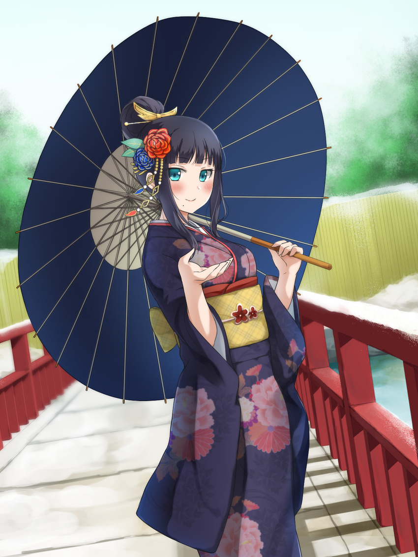 black_hair blush green_eyes kimono kurosawa_dia long_hair love_live!_sunshine!! odango parasol sky smile
