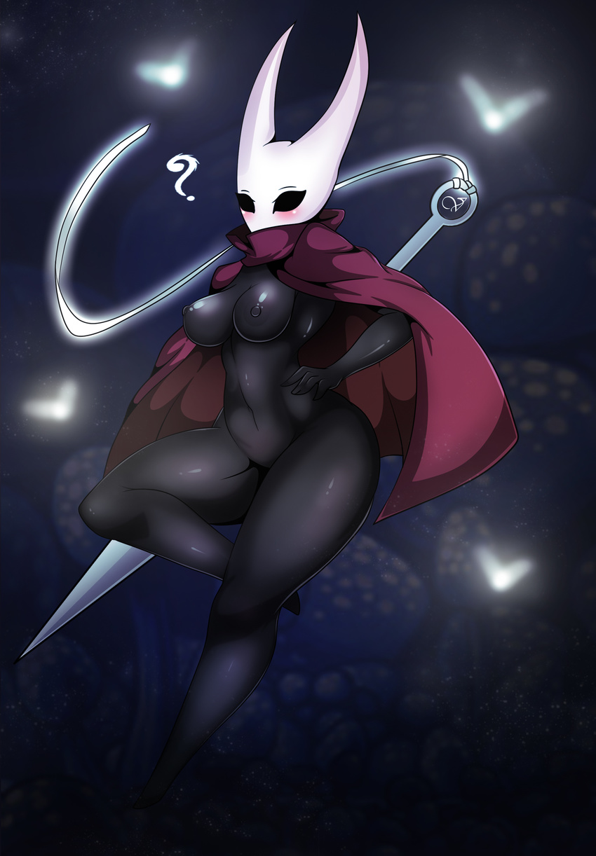 2017 anthro anthropod areola arthropod black_body black_nipples blush bodysuit cape clothing empty_eyes female hand_on_hip hi_res hollow_knight hornet hornet_(hollow_knight) insect looking_at_viewer melee_weapon needle nipples nude skinsuit solo string tight_clothing wasp weapon zzvinniezz