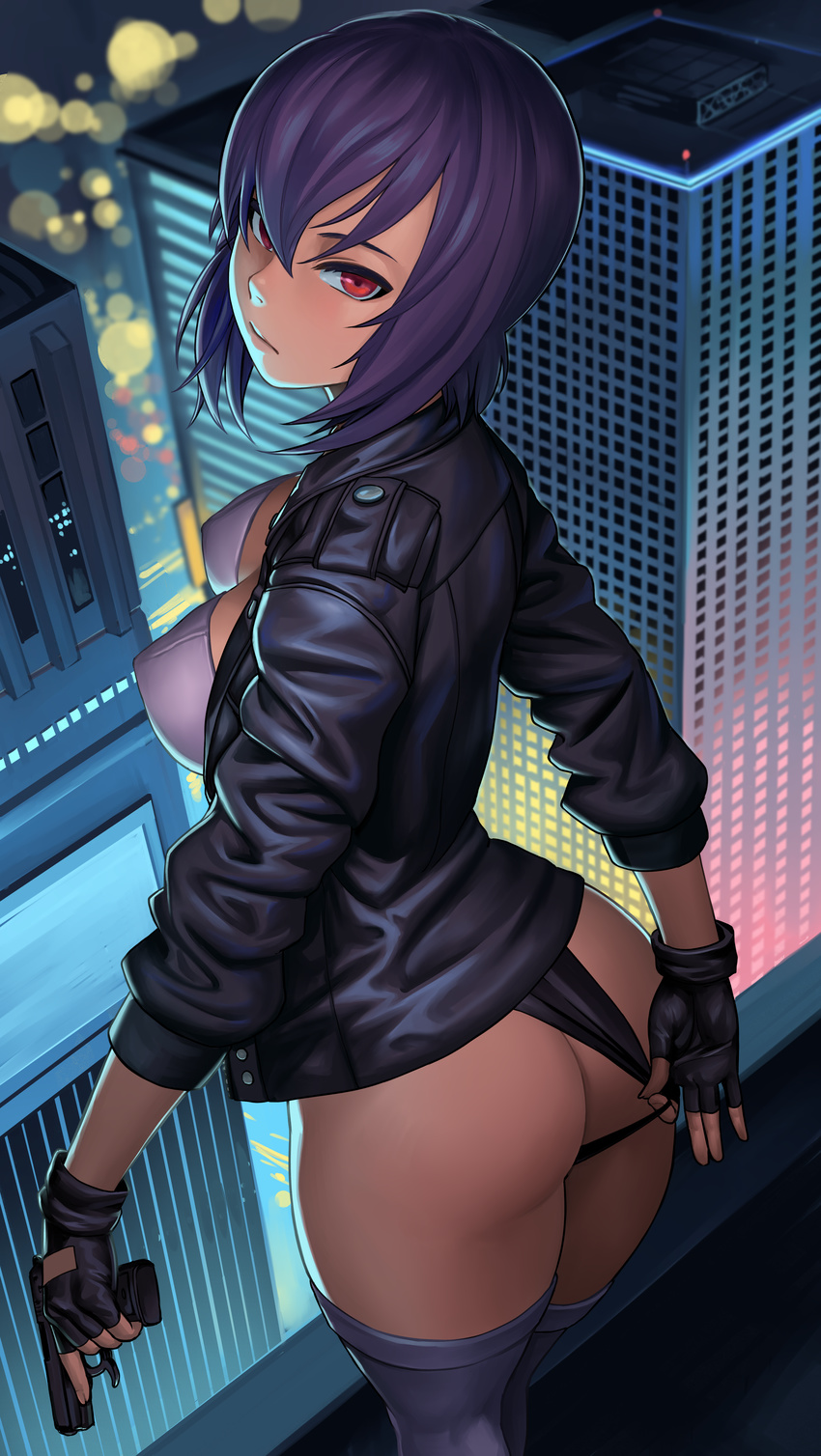 absurdres ass bangs black_gloves black_jacket blurry blush bokeh breasts building city cleavage closed_mouth covered_nipples depth_of_field expressionless fingerless_gloves from_behind ghost_in_the_shell gloves gumroad_reward gun hair_between_eyes handgun highres holding holding_gun holding_weapon huge_filesize jacket kusanagi_motoko lasterk leather leather_gloves leather_jacket leotard leotard_pull long_sleeves looking_at_viewer medium_breasts open_clothes open_jacket outdoors paid_reward pistol pulled_by_self purple_hair red_eyes short_hair solo standing thighhighs trigger_discipline tsurime weapon white_legwear