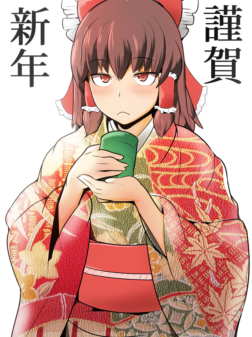 akeome bangs blush bow brown_hair closed_mouth cookie_(touhou) cup eyebrows eyebrows_visible_through_hair frilled_bow frilled_hair_tubes frills frown hair_between_eyes hair_bow hakurei_reimu happy_new_year hekiga_(freelot) highres holding japanese_clothes kimono long_sleeves looking_away new_year obi red_bow red_eyes reu sash short_hair simple_background solo text_focus touhou tsurime unmoving_pattern upper_body white_background wide_sleeves yunomi