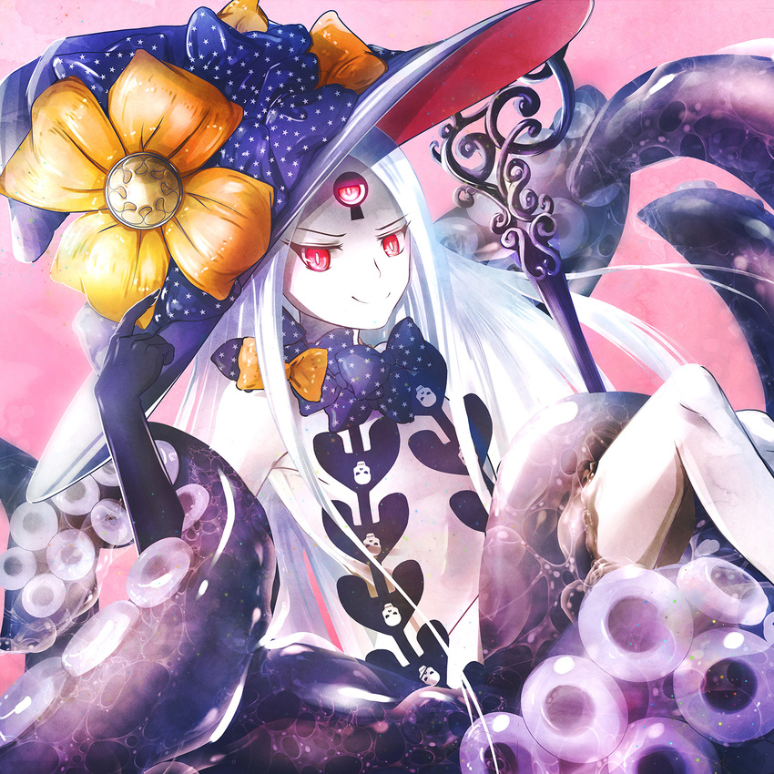 abigail_williams_(fate/grand_order) bangs black_bow black_hat bow closed_mouth commentary_request fate/grand_order fate_(series) fingernails hat hat_bow highres ikanan long_hair looking_at_viewer orange_bow pale_skin parted_bangs print_bow red_eyes revealing_clothes slimy smile solo star star_print suction_cups tentacles topless v-shaped_eyebrows very_long_hair white_hair witch_hat