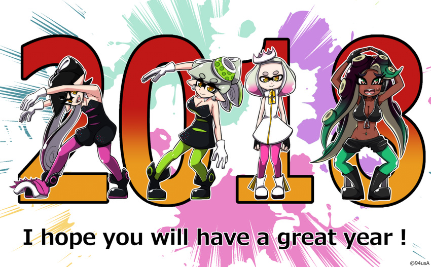 2018 4girls ankle_boots aori_(splatoon) arms_up artist_name black_dress black_footwear black_gloves black_hair black_jumpsuit black_shirt black_shorts black_skin boots breasts brown_eyes cleavage closed_mouth commentary_request cousins crop_top crown dark_skin detached_collar domino_mask dress earrings english eyebrows_visible_through_hair fingerless_gloves food food_on_head gloves green_eyes green_legwear grey_hair hands_together headwear_removed highlights hime_(splatoon) hotaru_(splatoon) iida_(splatoon) jewelry large_breasts leaning_forward leaning_to_the_side long_hair looking_at_viewer mask medium_breasts midriff mole mole_under_eye mole_under_mouth multicolored_hair multiple_girls navel new_year object_on_head octarian open_mouth paint_splatter pantyhose pantyhose_under_shorts pointy_ears pose purple_legwear shirt short_dress short_hair short_jumpsuit shorts signature sleeveless sleeveless_dress smile splatoon_(series) splatoon_1 splatoon_2 squatting standing strapless strapless_dress sushi sweatdrop tentacle_hair usa_(dai9c_carnival) watermark white_dress white_footwear white_gloves white_hair zipper_pull_tab